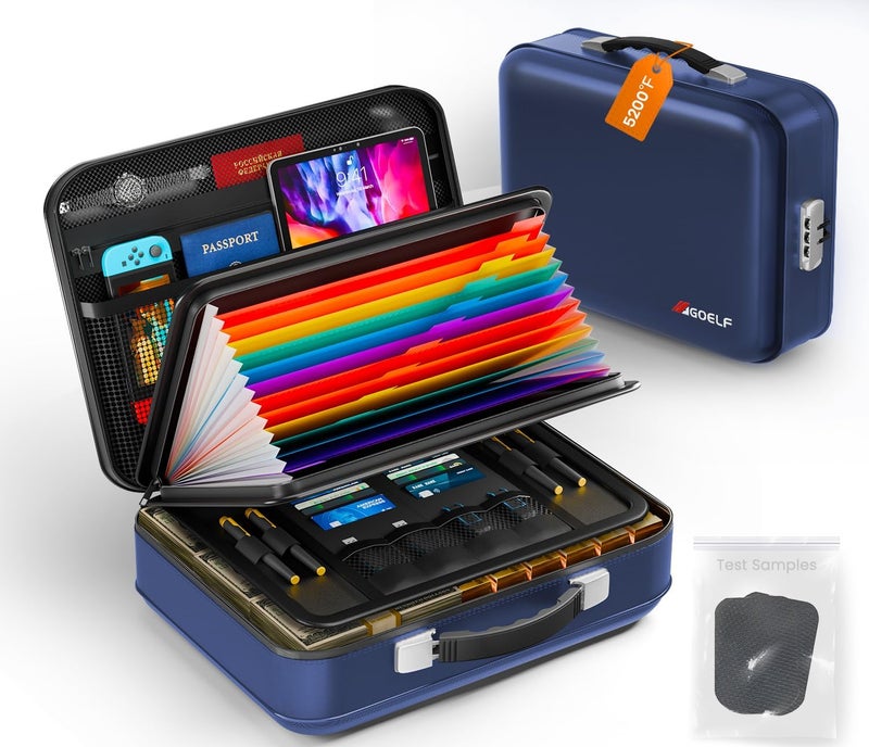 GOELF Fireproof Document Box with Lock, 5200°F Fireproof Water Resistant Hard Case File Organizer Safe Box for Important Documents, Certificates, Laptop, Passports (Blue) - Image 1
